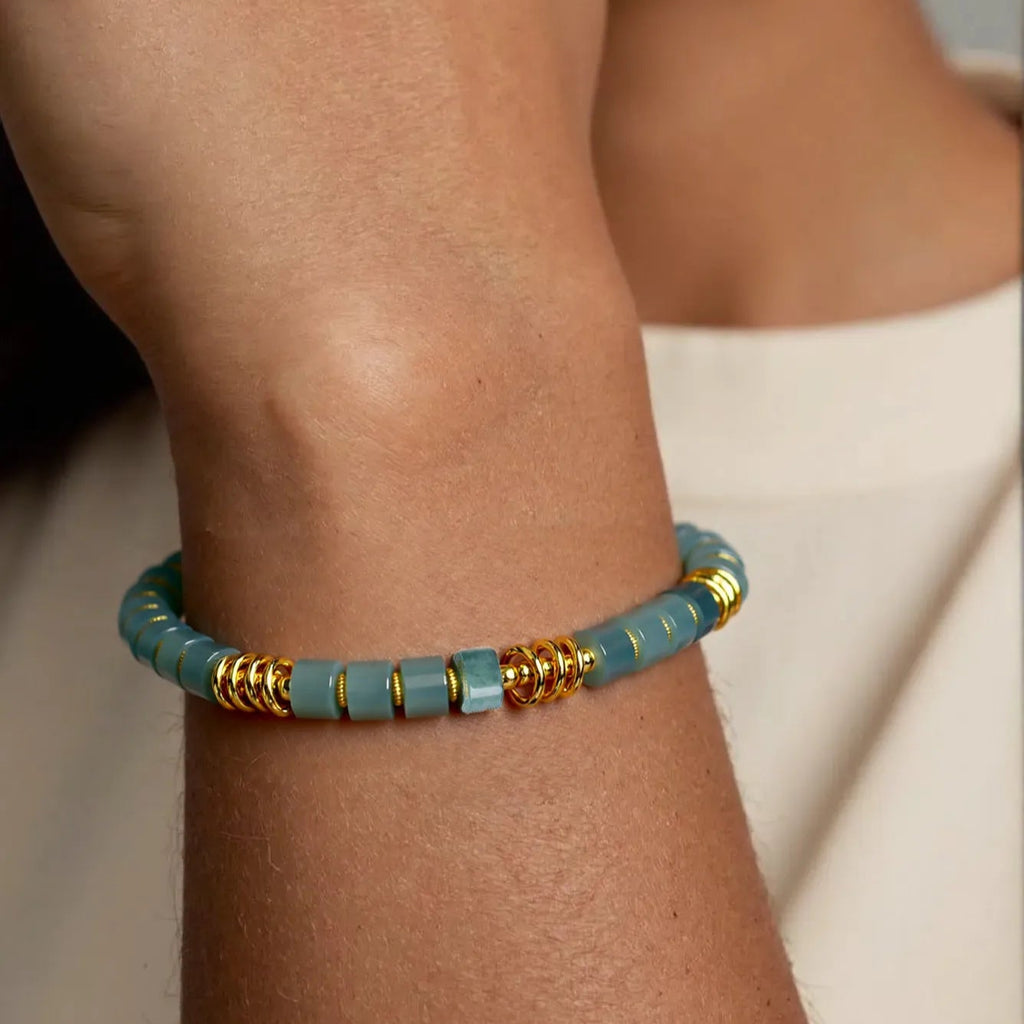 Blue Jadeite Barrel Bead Stretch Bracelet for Women – S925 Silver jade BMjade