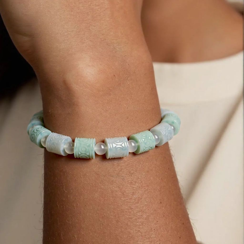 Natural Burmese Jade Carved Barrel Bead Bracelet – Unisex jade BMjade
