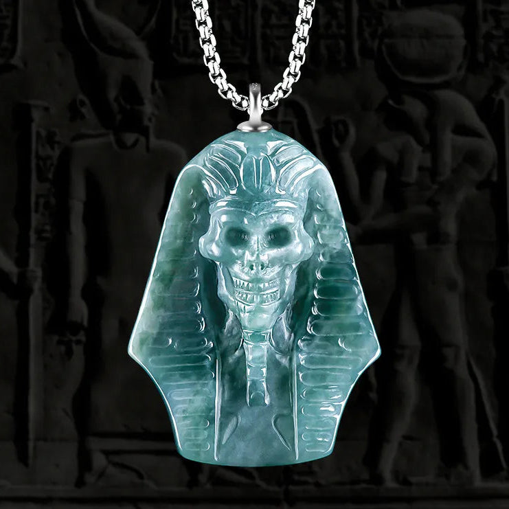 Natural Hand-Carved BlueJadeite 3D Egyptian Pharaoh Necklace for Men BMjade