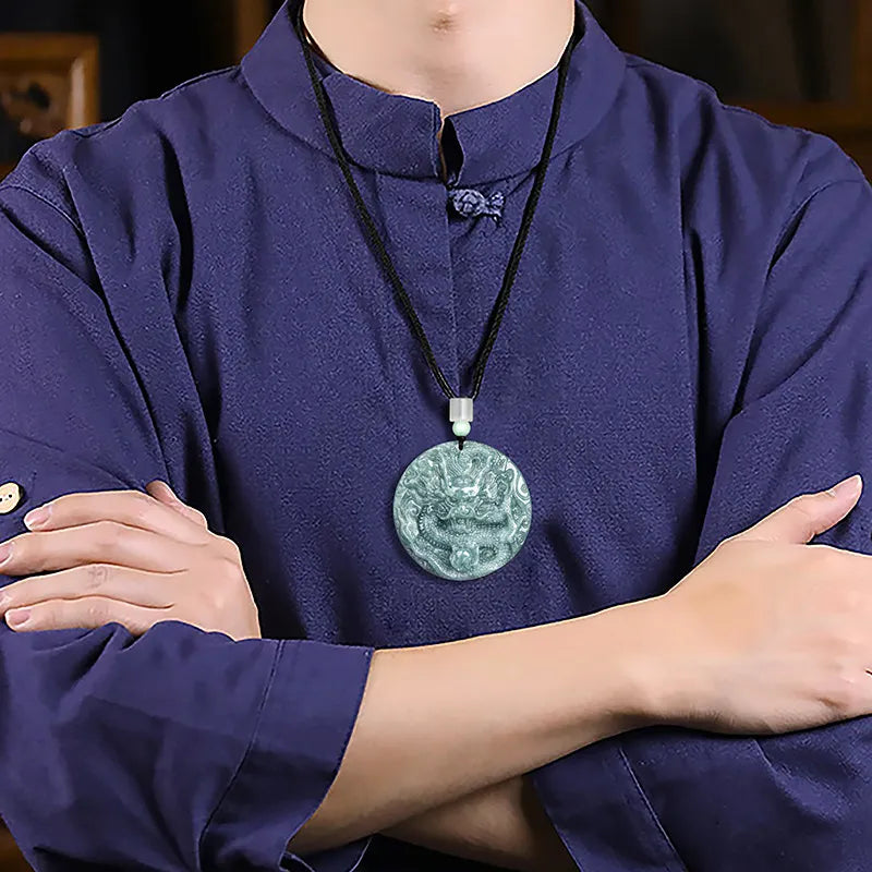 Real Hand-Carved Blue Jadeite Dragon Plaque Pendant Necklace – Men’s Jewelry jade BMjade