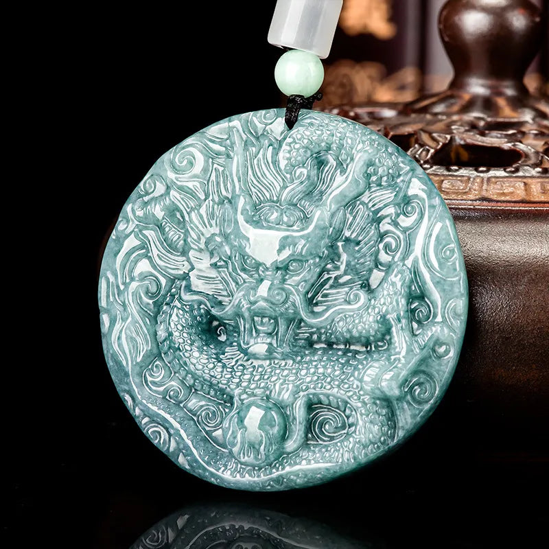 Real Hand-Carved Blue Jadeite Dragon Plaque Pendant Necklace – Men’s Jewelry jade BMjade