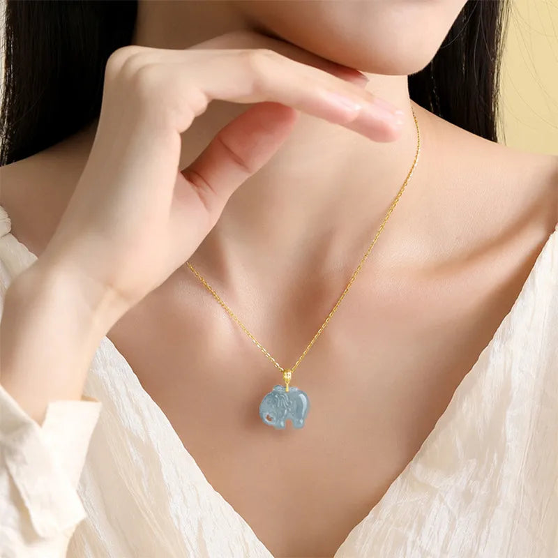 Real Blue Jadeite Elephant Pendant Necklace – 925 Silver Chain 46CM, 18K Gold Clasp jade BMjade