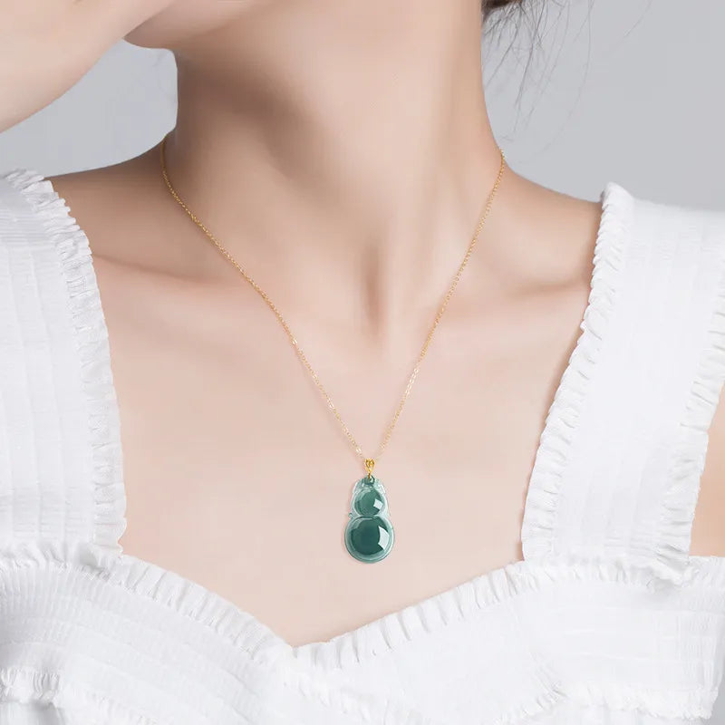 Jadeite Blue Gourd Pendant Necklace for Women – 18K Gold, Natural Jade jade BMjade
