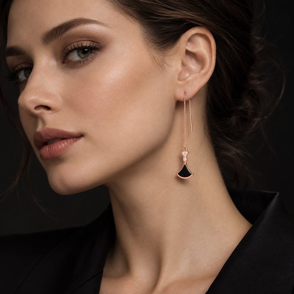 Natural Black Jadeite Threader Earrings in S925 Sterling Silver