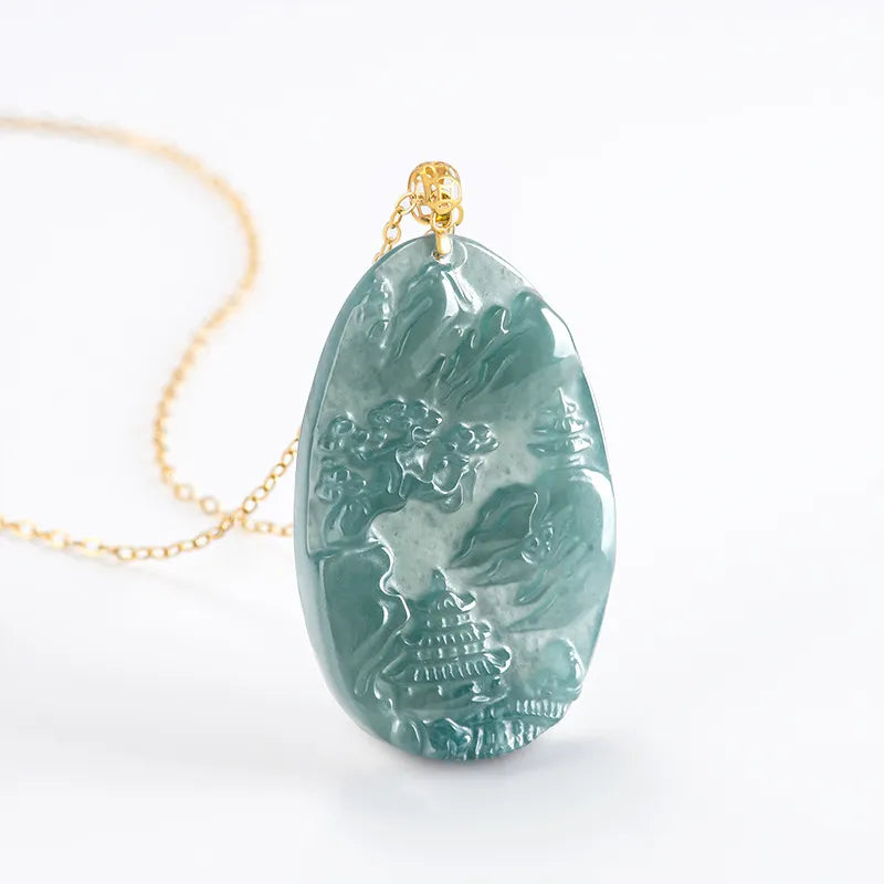 Real Blue Jadeite Landscape Plaque Pendant Necklace – 925 Silver, 46CM BMjade