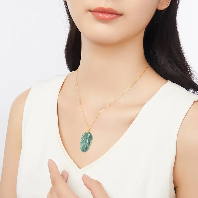Natural Jadeite Blue Leaf Pendant Necklace for Women – 18K Gold jade BMjade