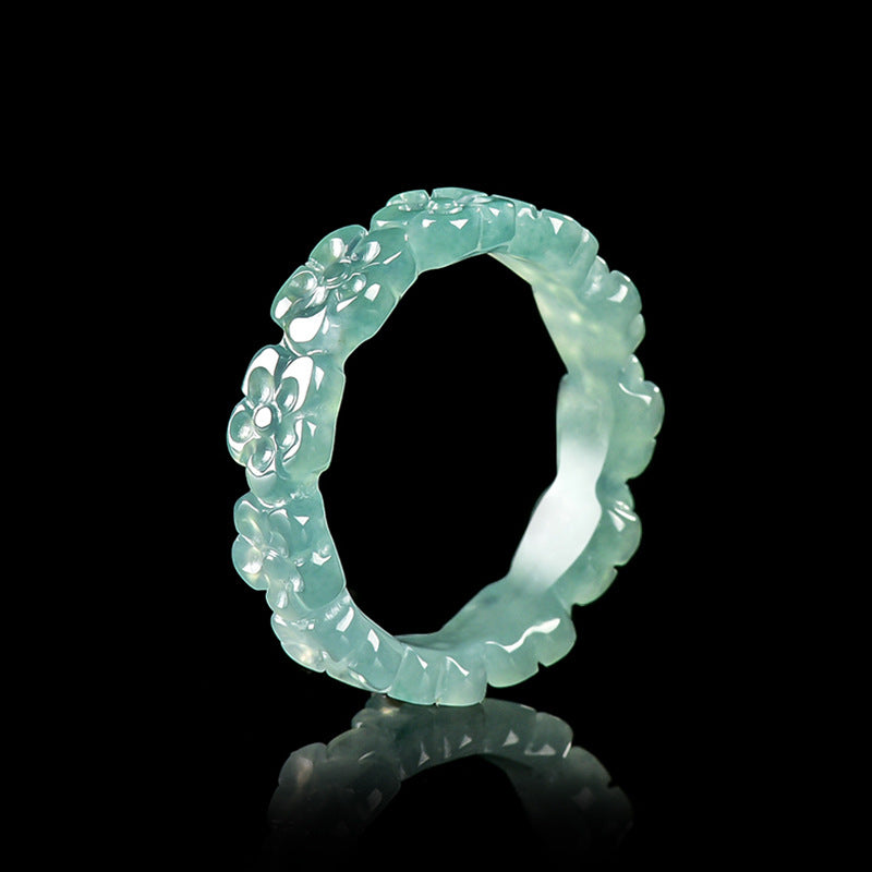 Natural Blue Jadeite Carved Peach Blossom Ring – Handmade Jade Jewelry jade BMjade