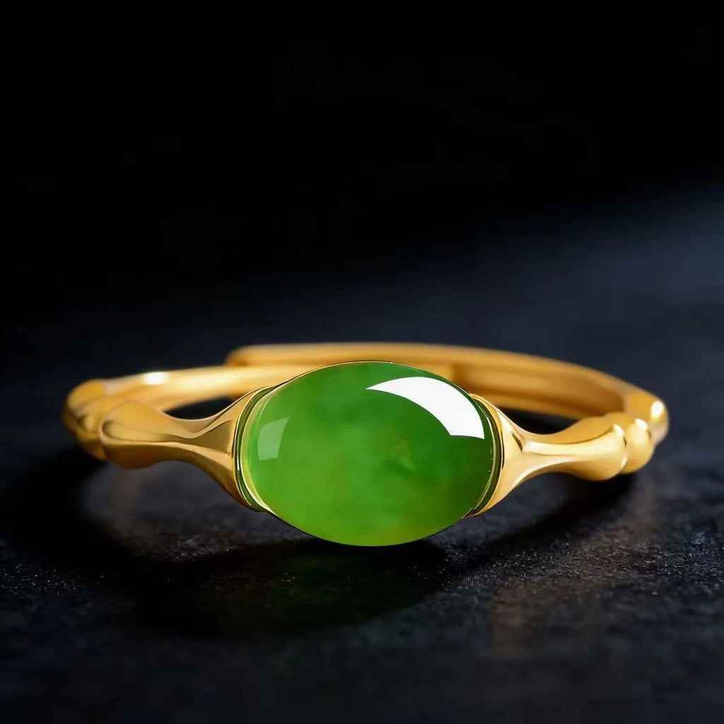 Natural Burmese Green Jade Bamboo Adjustable Ring, Handmade Lucky Jewelry