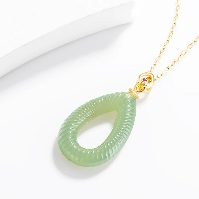Natural Burmese Jade Feng Shui Ripple Teardrop Necklace for Women – S925 Silver jade BMjade