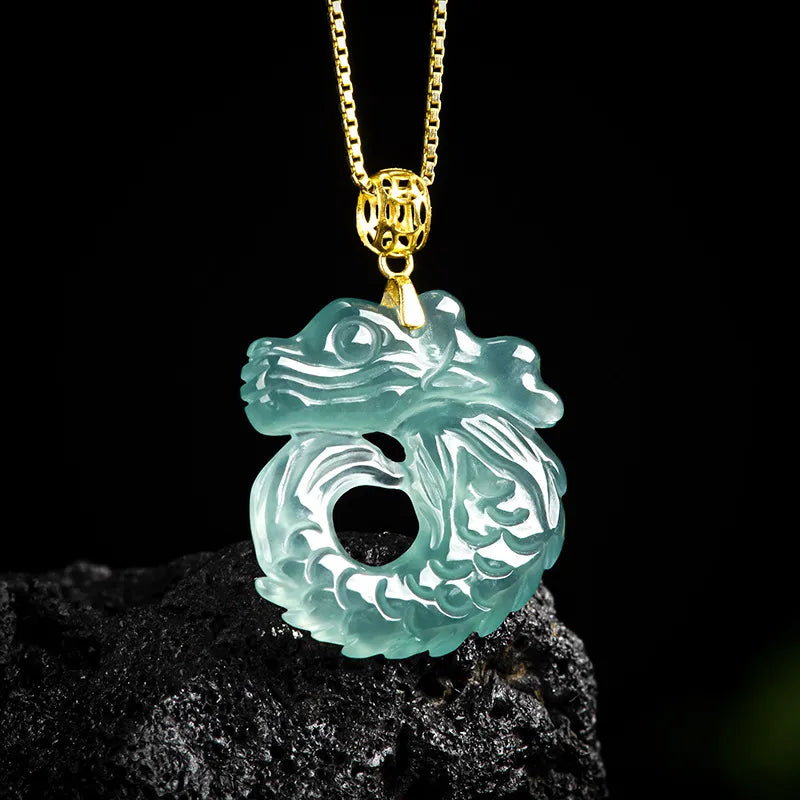 Natural Blue Jadeite Dragon Fish Pendant Necklace, 18K Gold Bail, 925 Sterling Silver Chain 46cm jade BMjade