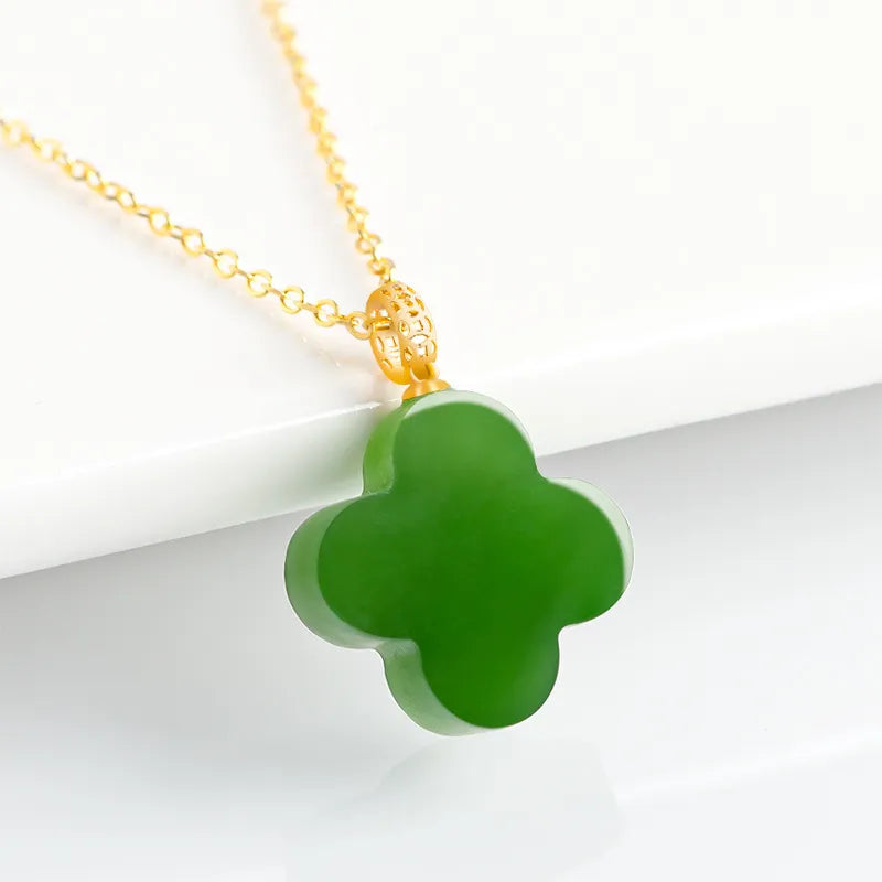 Real Burmese Green Jade Four-Leaf Clover Pendant Necklace – 925 Silver Chain 46CM, 18K Gold Clasp jade BMjade