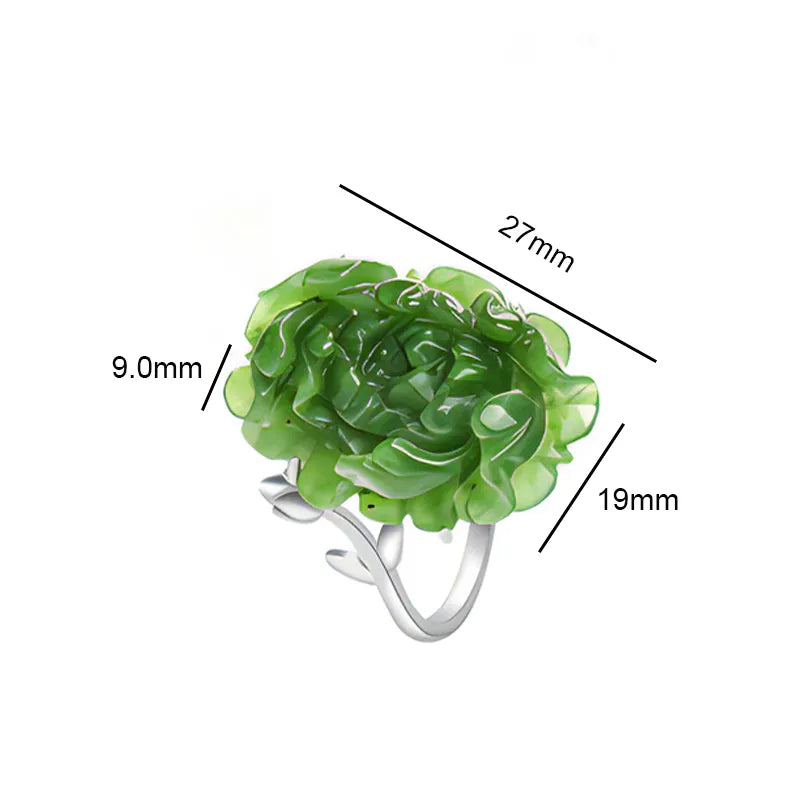 Hand-Carved Natural Burmese Green Jade Lotus Adjustable Ring for Women – S925 Silver jade BMjade