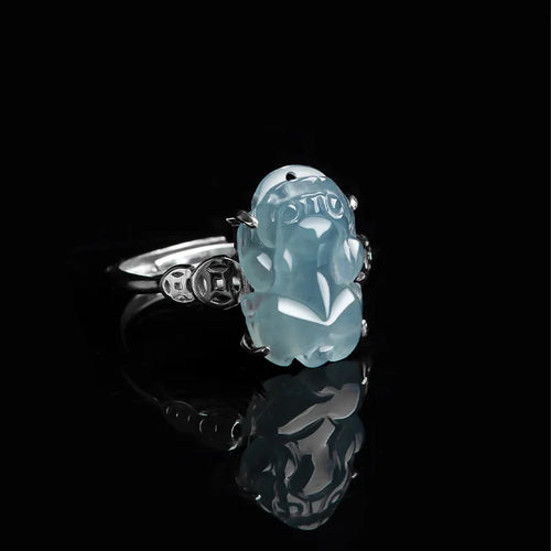 Carved Pixiu Icy Blue Jadeite Jade Ring | Adjustable