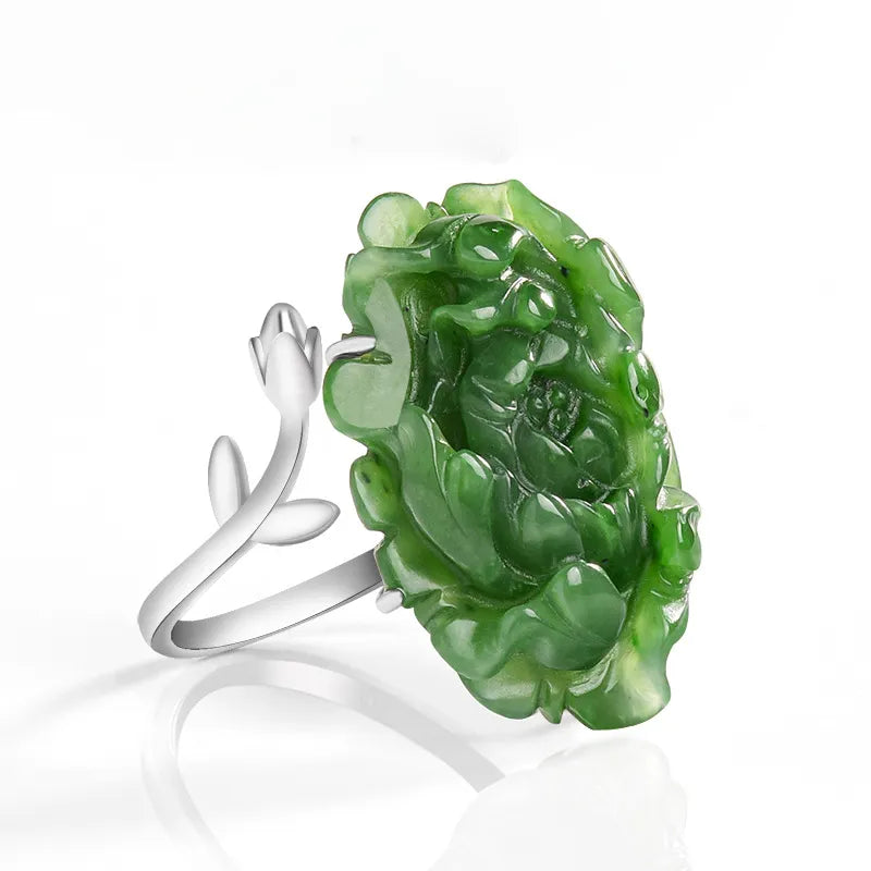 Hand-Carved Natural Burmese Green Jade Lotus Adjustable Ring for Women – S925 Silver jade BMjade