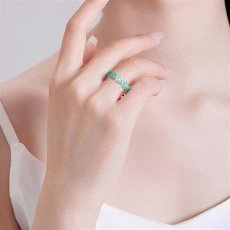 Natural Blue Jadeite Carved Peach Blossom Ring – Handmade Jade Jewelry jade BMjade