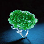 Hand-Carved Natural Green Jade Lotus Adjustable Ring for Women – S925 Silver, Symbol of Serenity & Good Fortune