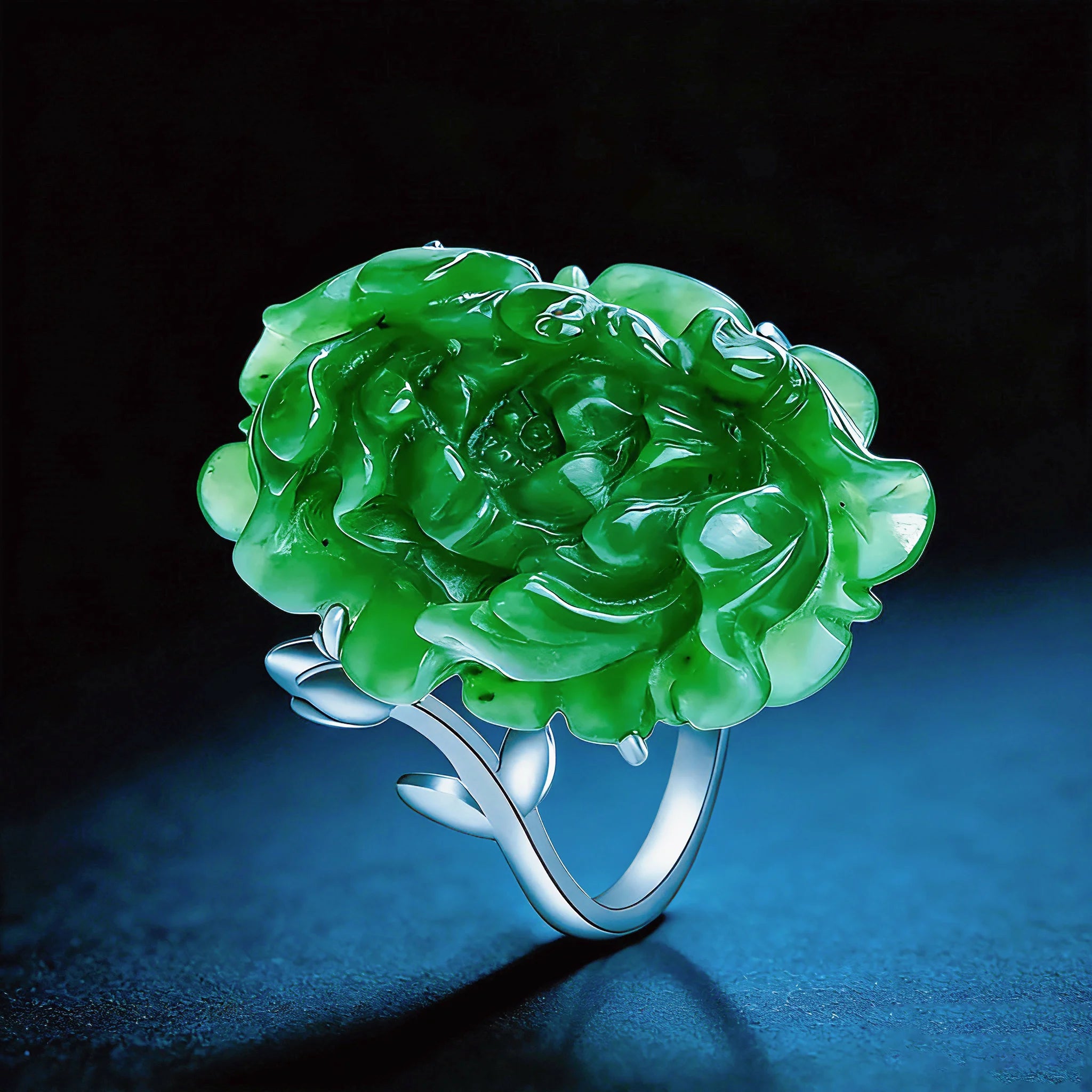 Hand-Carved Natural Burmese Green Jade Lotus Adjustable Ring for Women – S925 Silver