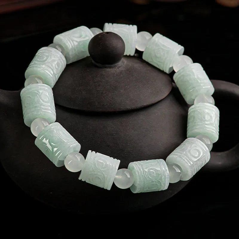 Natural Burmese Jade Carved Barrel Bead Bracelet – Unisex jade BMjade