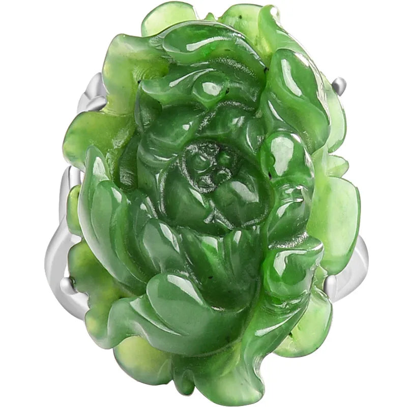 Hand-Carved Natural Burmese Green Jade Lotus Adjustable Ring for Women – S925 Silver jade BMjade