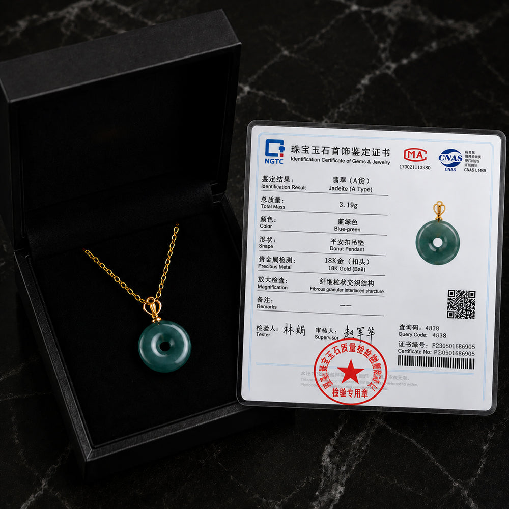Blue-Green Jadeite Ping An Kou Necklace in 18K Gold
