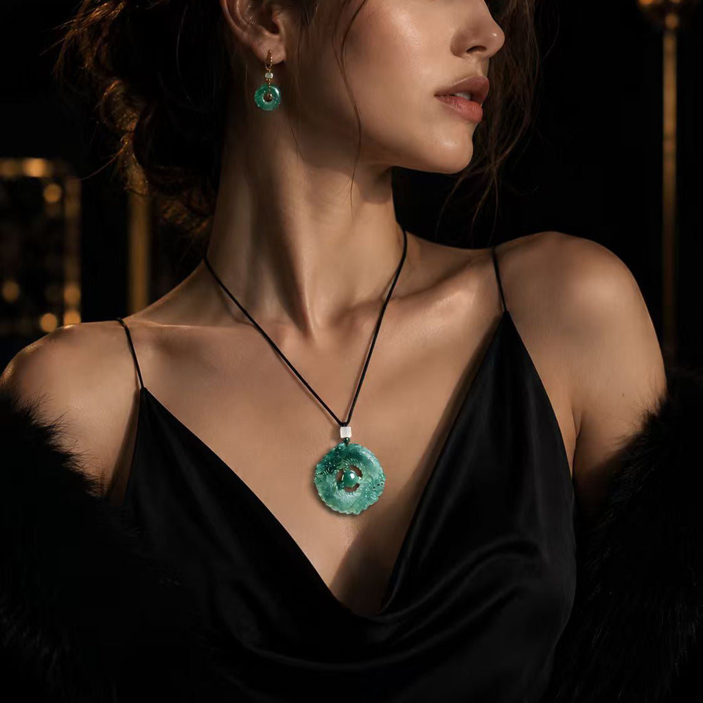 Carved Green Dragon Jade Pendant Necklace