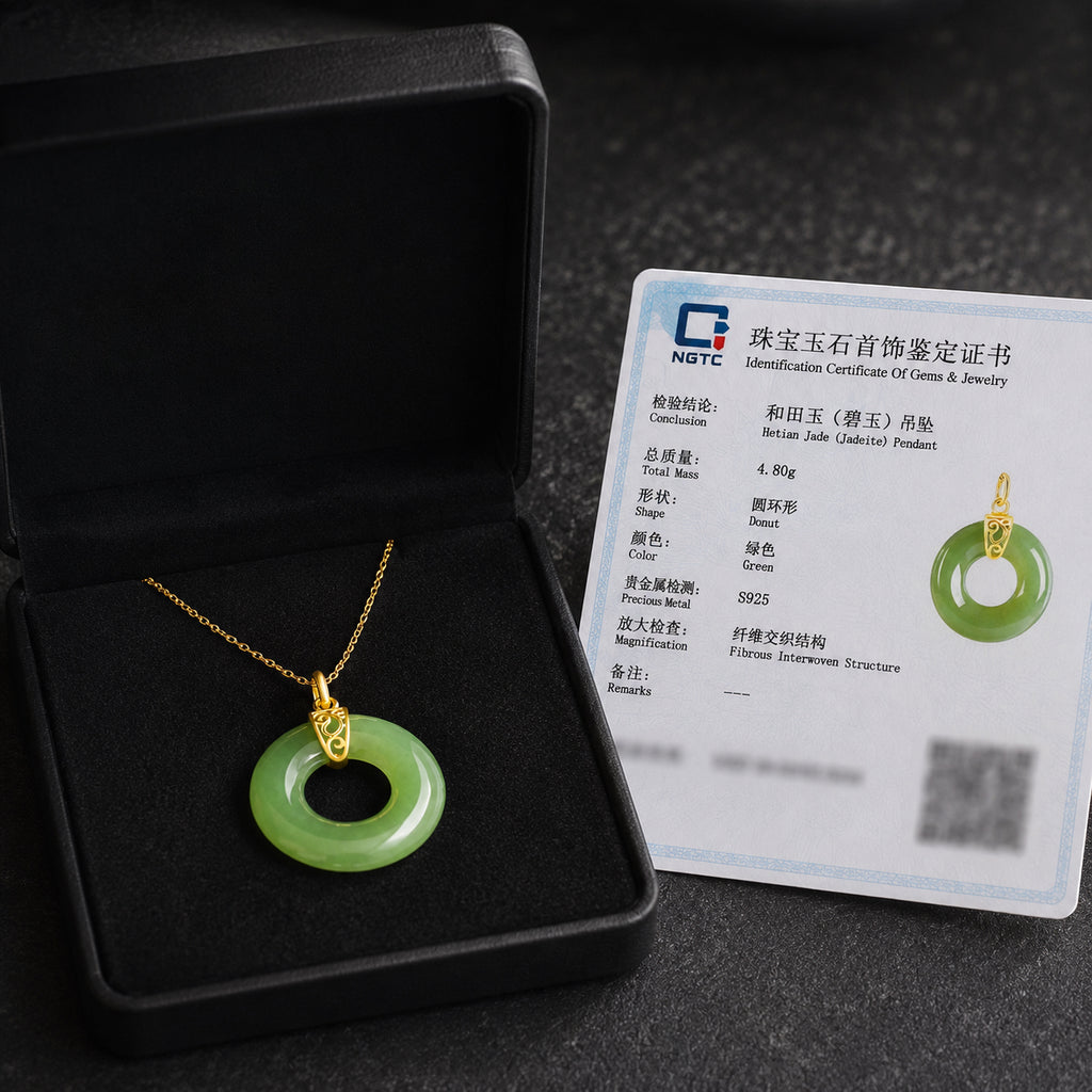 Lucky Green Jade Donut Necklace – 45cm S925 Silver Jewelry, Symbol of Peace & Prosperity