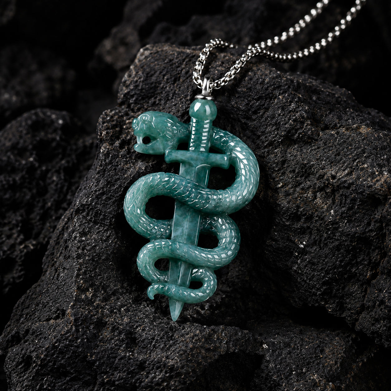 Hand-Carved Jadeite Snake Pendant Necklace for Men – Blue Jade