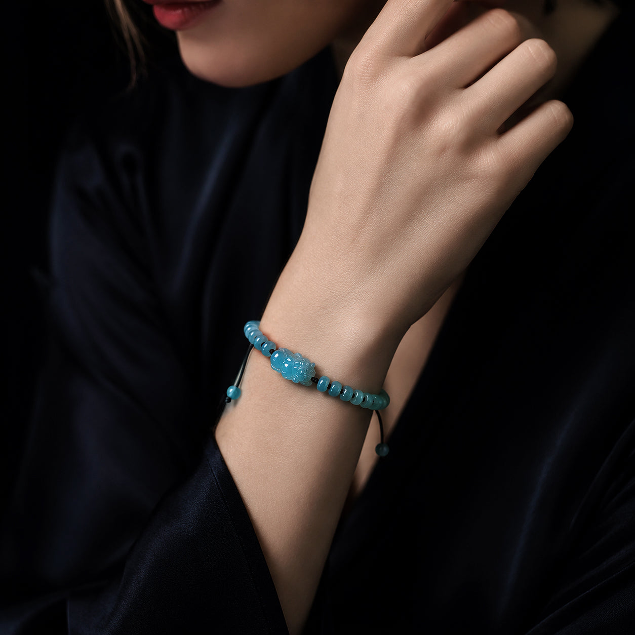 Natural Blue Jadeite Pixiu Abacus Beads Handmade Braided Bracelet