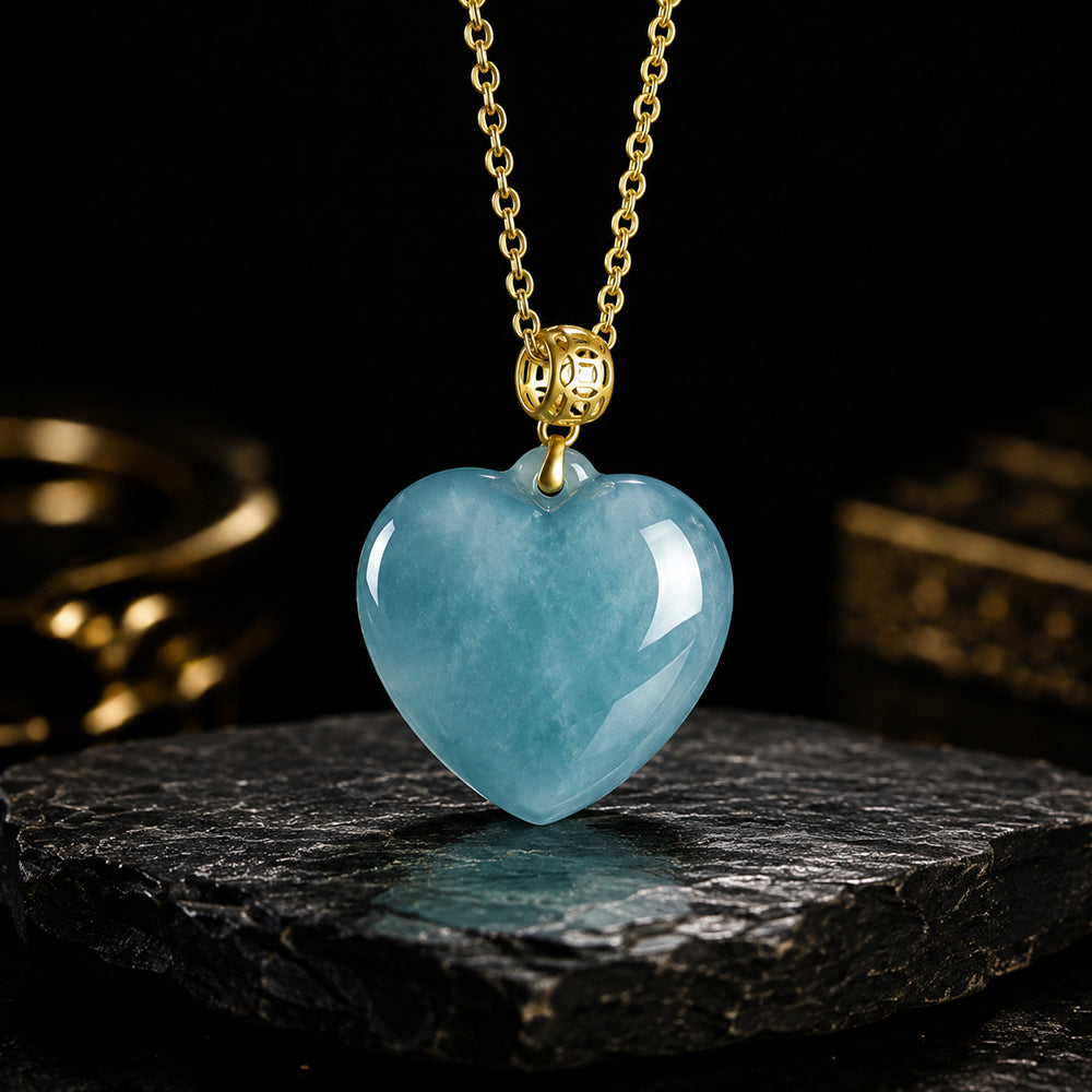 Blue Jade Heart Necklace with 18K Gold Bail