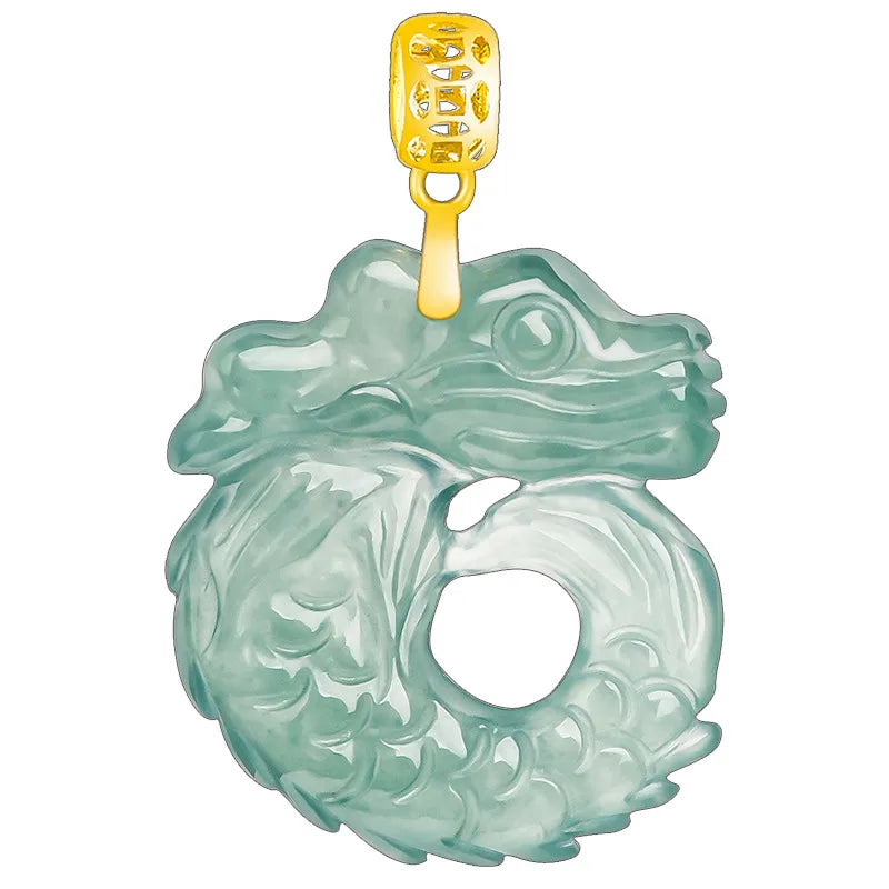 Natural Blue Jadeite Dragon Fish Pendant Necklace, 18K Gold Bail, 925 Sterling Silver Chain 46cm jade BMjade