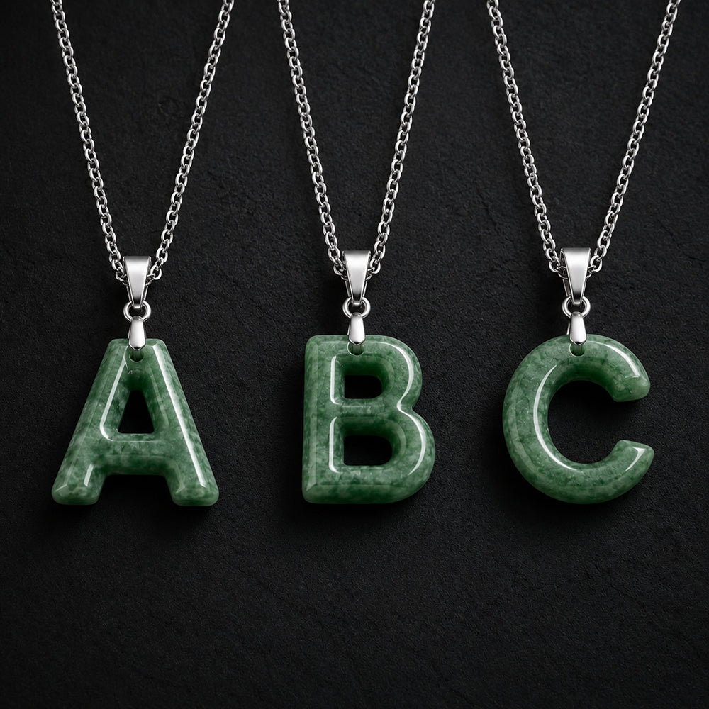 Green jade alphabet pendants A to Z with titanium steel chain