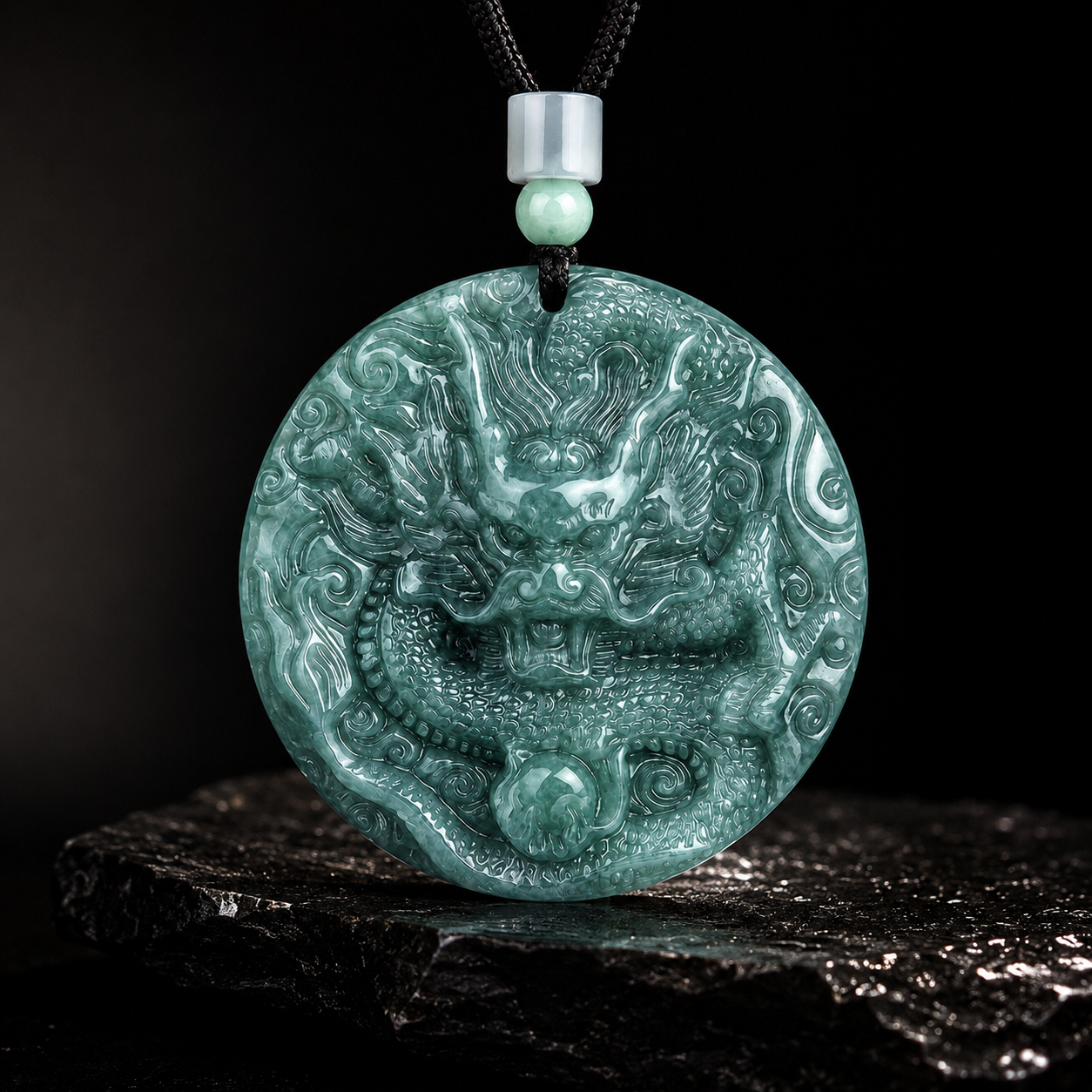Real Hand-Carved Blue Jadeite Dragon Plaque Pendant Necklace – Men’s Jewelry