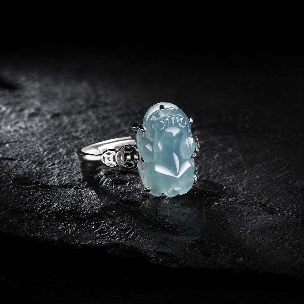 Icy Blue Jadeite Pixiu Ring in S925 Silver for Women