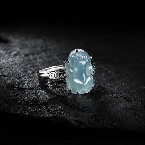 Carved Pixiu Icy Blue Jadeite Jade Ring, Adjustable