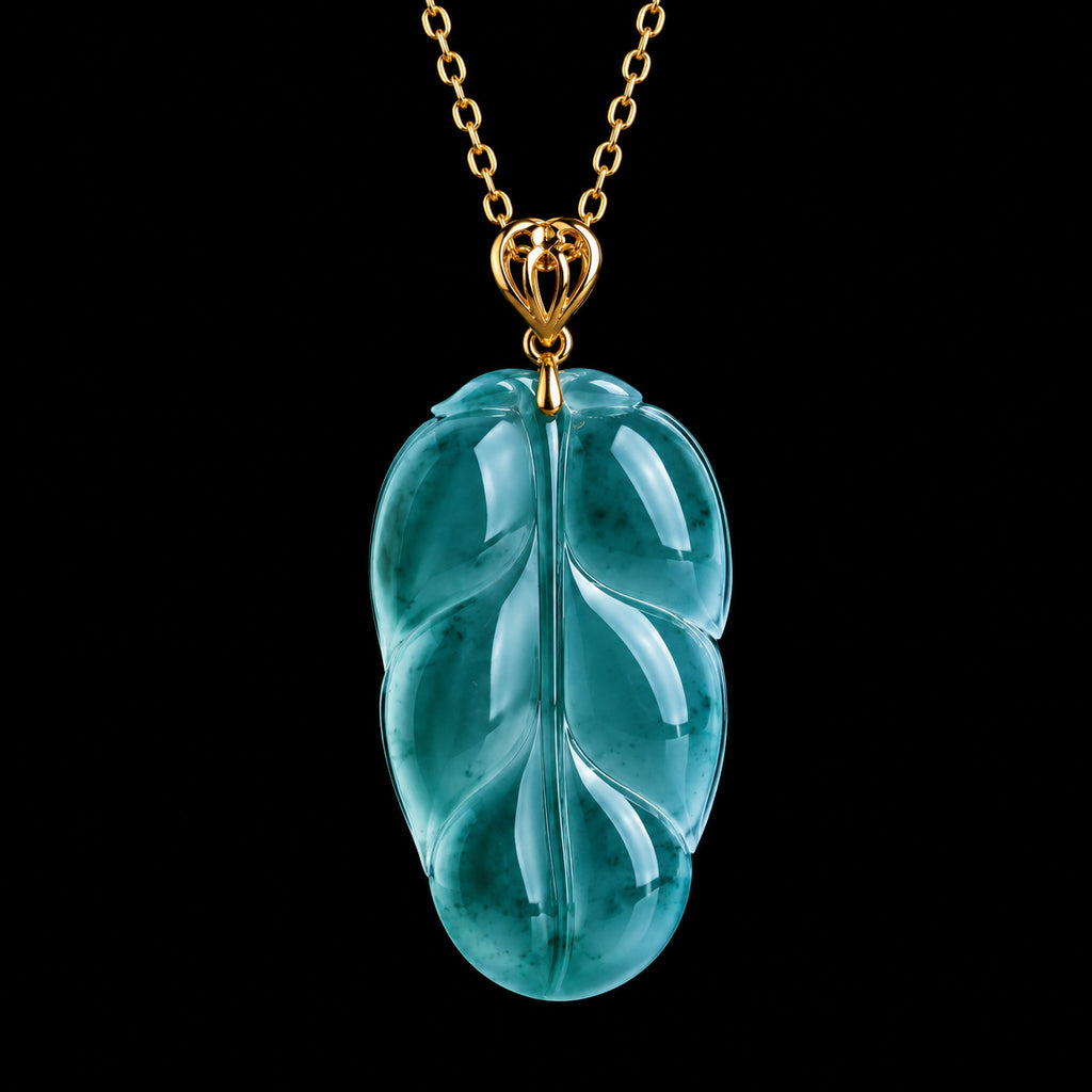 Natural Jadeite Blue Leaf Pendant Necklace for Women – 18K Gold