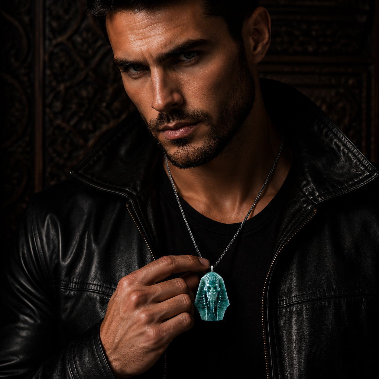 Natural Hand-Carved  BlueJadeite 3D Egyptian Pharaoh Necklace for Men