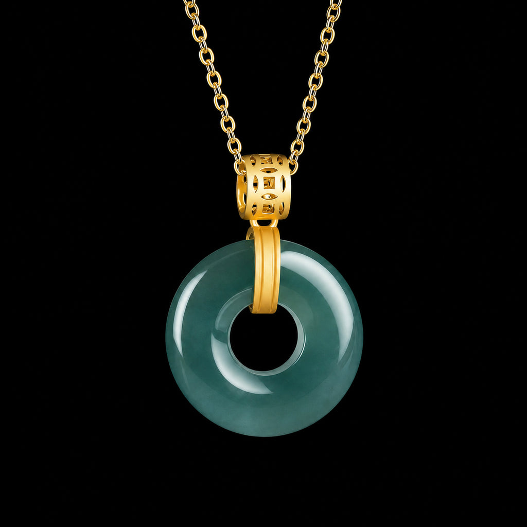 Natural Blue Jadeite Peace Circle Pendant Necklace, S925 Silver 46CM Chain
