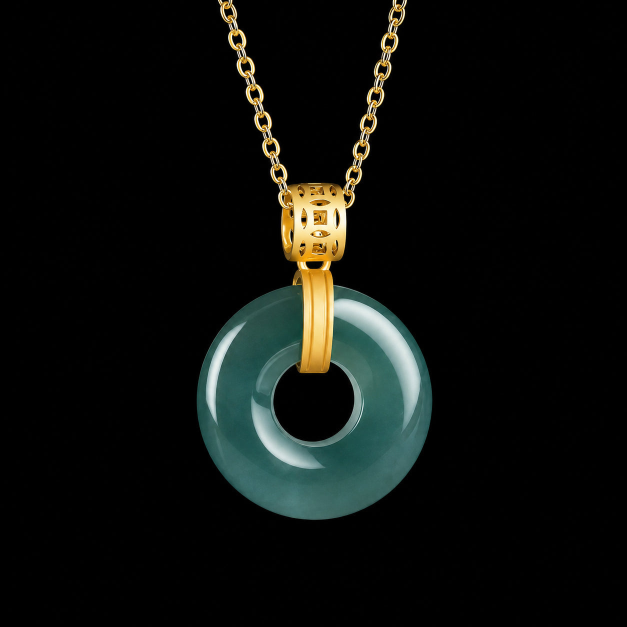 Natural Blue Jadeite Peace Circle Pendant Necklace, S925 Silver 46CM Chain