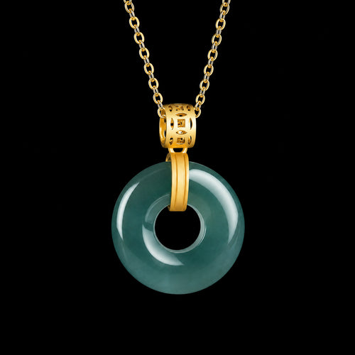 Blue-green jadeite peace buckle necklace with gold-plated silver chain