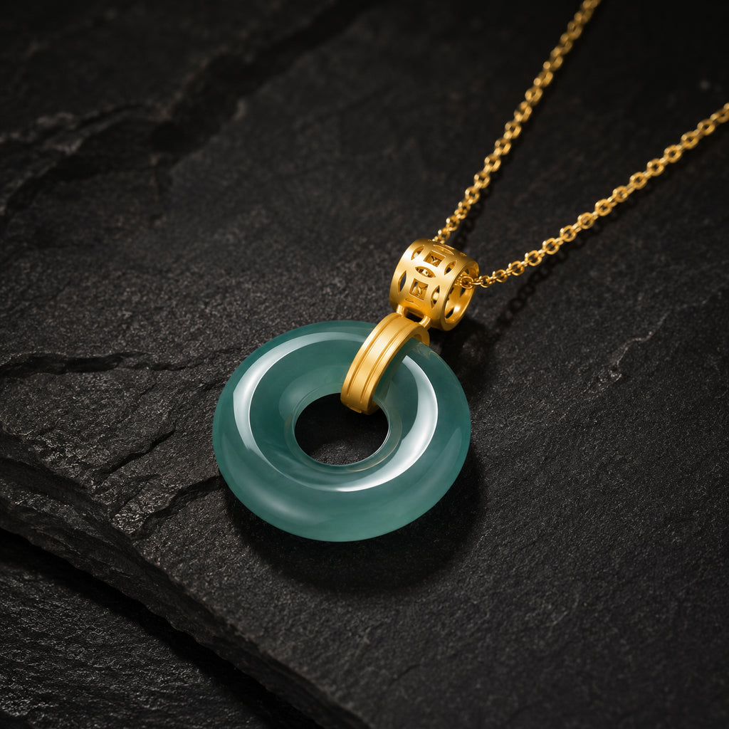 Natural Blue Jadeite Peace Circle Pendant Necklace, S925 Silver 46CM Chain
