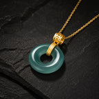 Natural Blue Jadeite Peace Circle Pendant Necklace, S925 Silver 46CM Chain