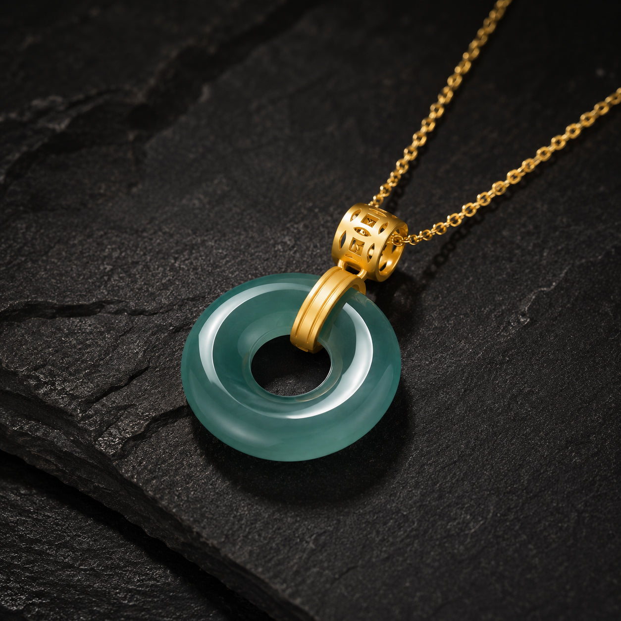 Natural Blue Jadeite Peace Circle Pendant Necklace, S925 Silver 46CM Chain
