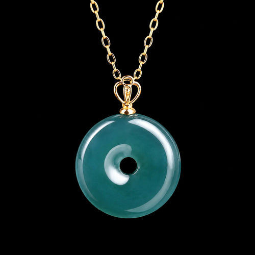 Blue-green jadeite Ping An Kou necklace in 18K gold