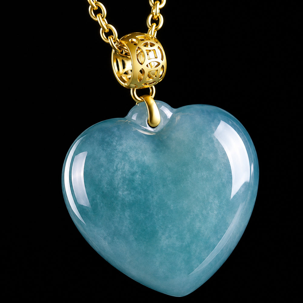 Blue Jade Heart Necklace with 18K Gold Bail