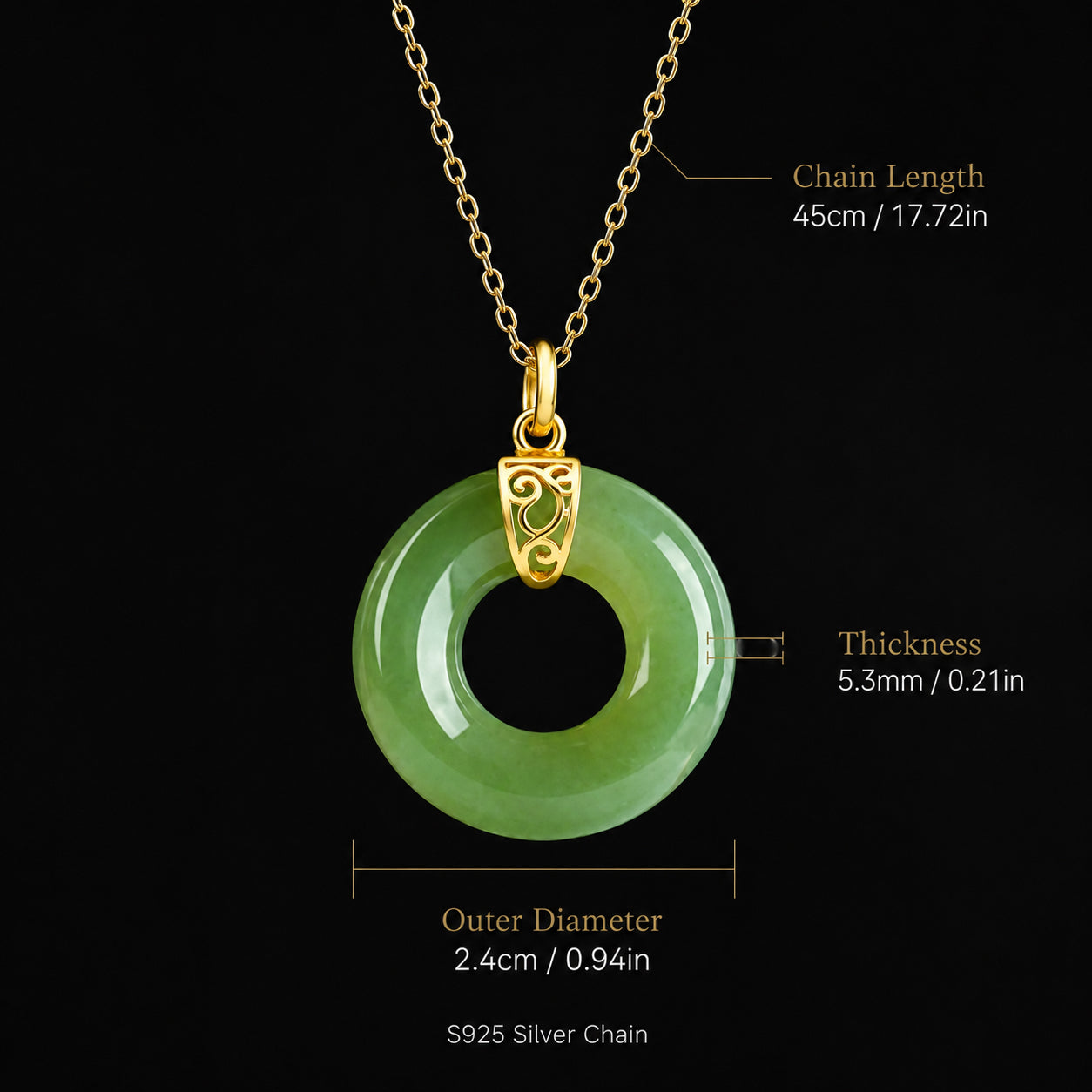 Lucky Green Jade Donut Necklace – 45cm S925 Silver Jewelry, Symbol of Peace & Prosperity