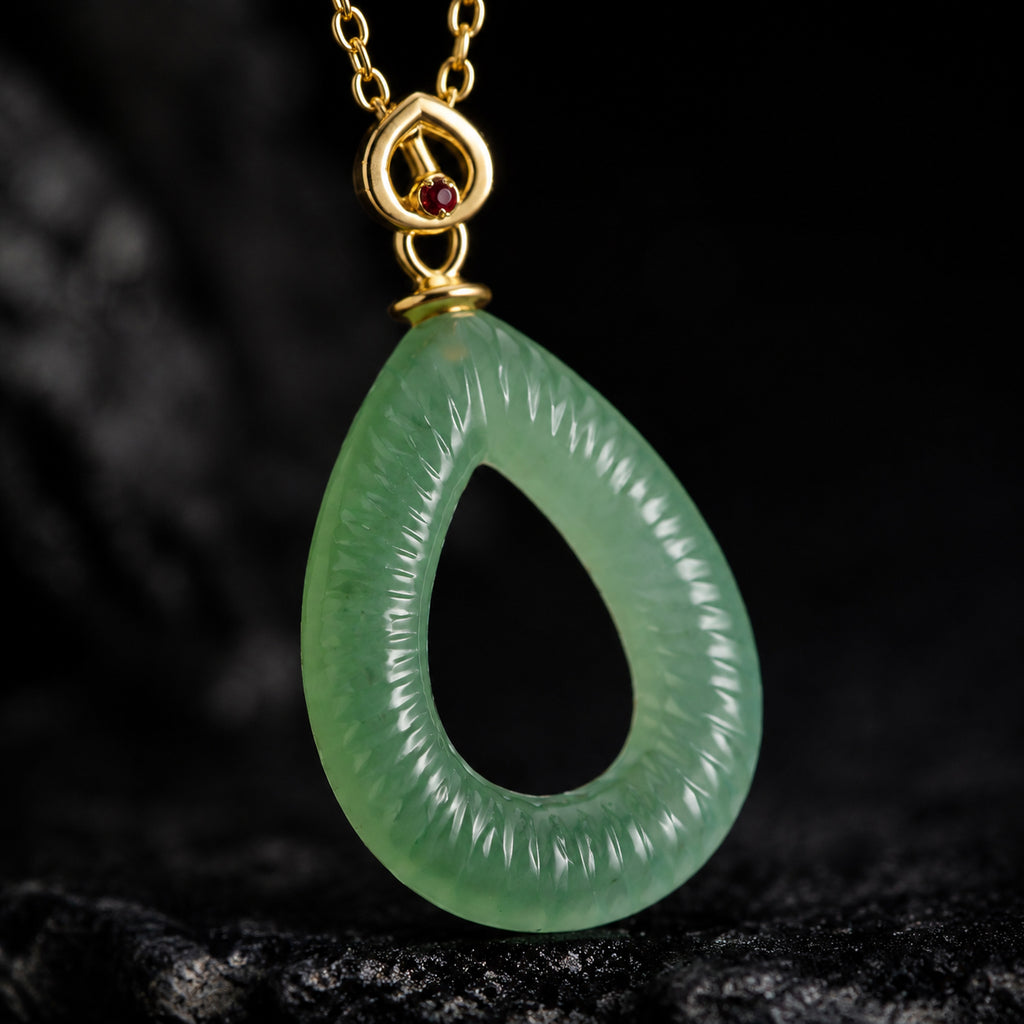 Natural Green Jade Feng Shui Ripple Teardrop Necklace for Women – S925 Silver & 18K Gold, Symbol of Serenity & Good Luck