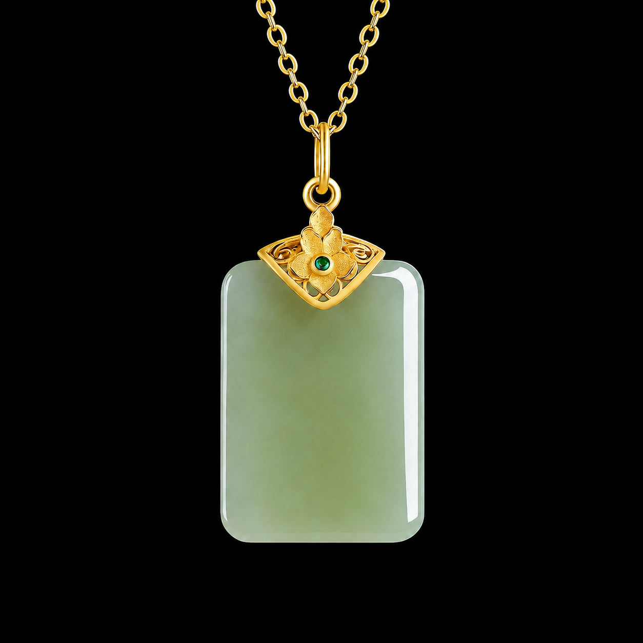 Real Green Jade Plaque Pendant Necklace – 925 Silver Chain 46CM, Symbol of Protection & Good Fortune