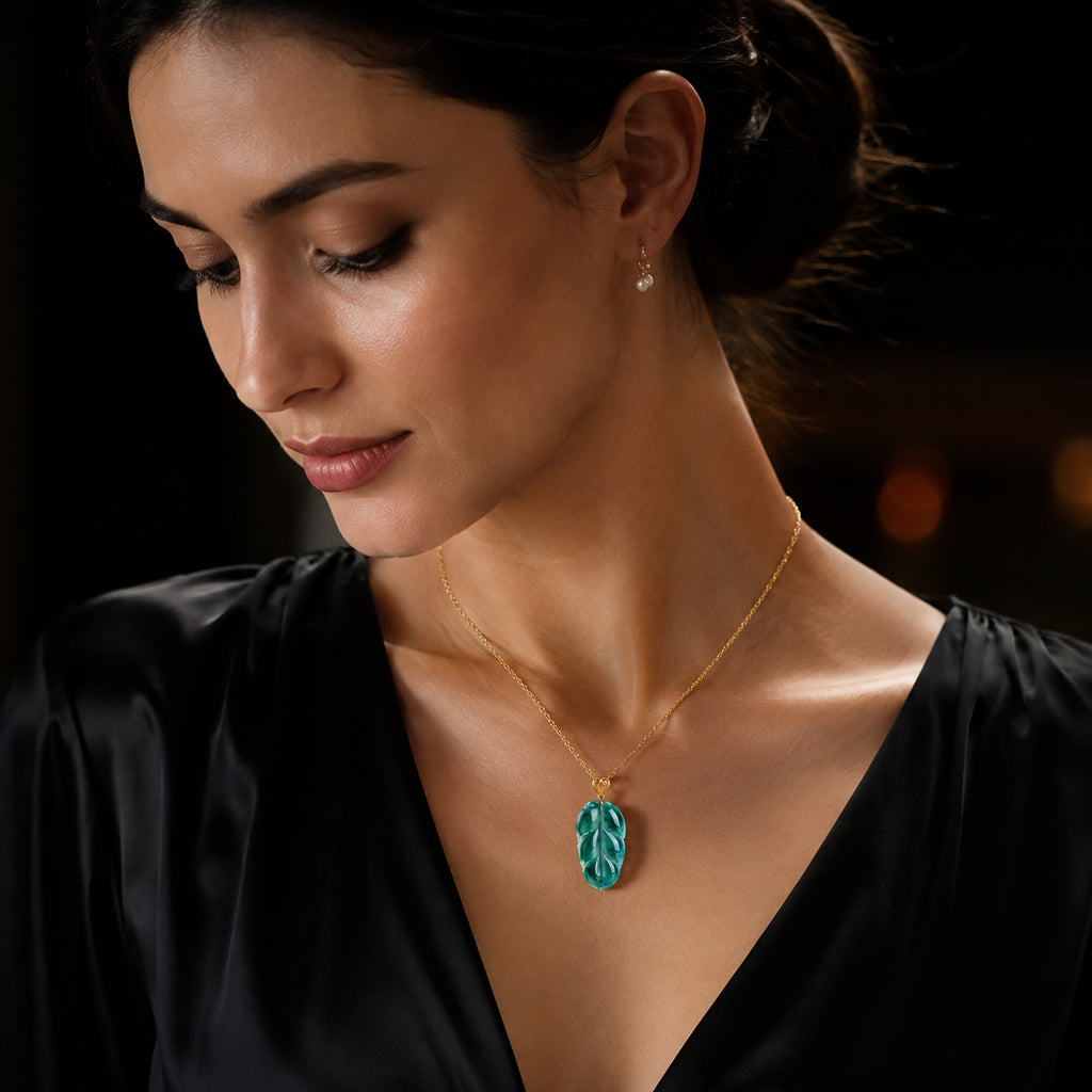Natural Jadeite Blue Leaf Pendant Necklace for Women – 18K Gold
