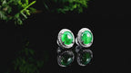 Natural Green Jadeite Oval Halo Stud Earrings