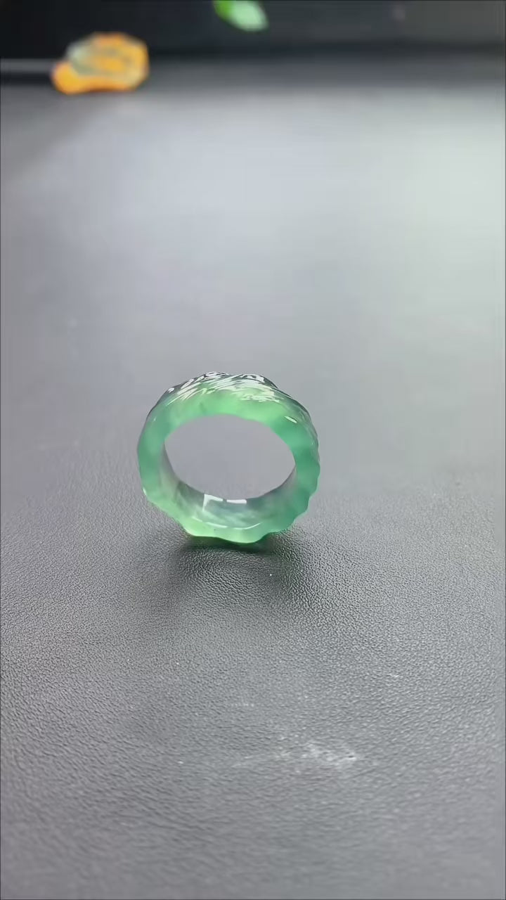 Blue Green Jadeite Water Ripple Ring, Carved Band